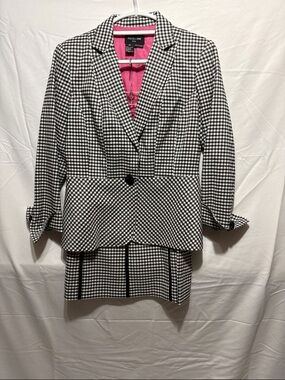 Focus 2000 Black and White Gingham Peplum Blazer with Pink Lining